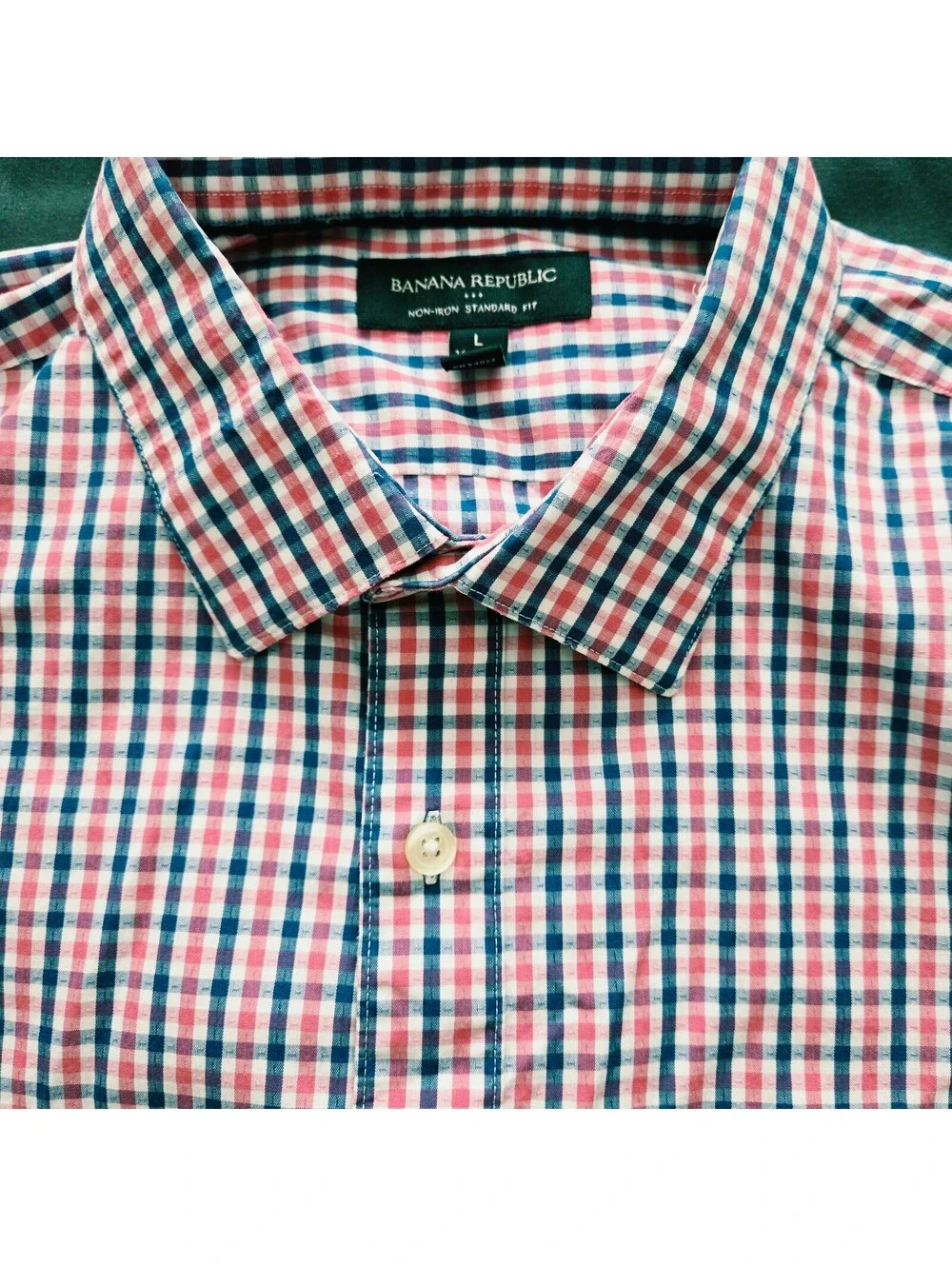 Banana Republic Men's L Non-Iron Standard Fit Red Blue Check Dress Shirt